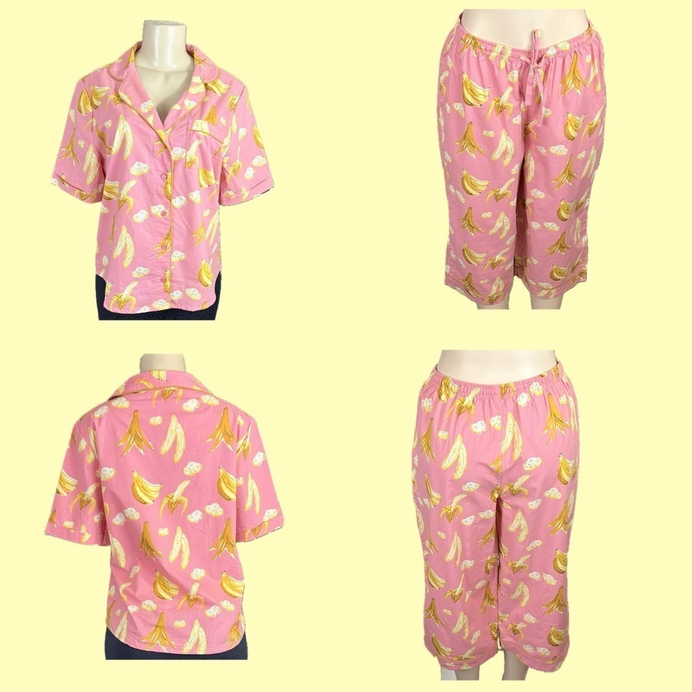 Their Nibs L Pink Banana Print Pajama Set Short Sleeve Capri Cotton Relaxed Fit
